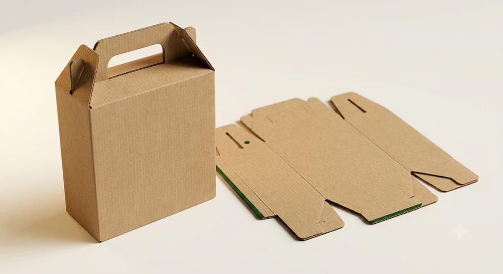Studio rendering of a die-cut carrier box beside its flat unfolded blanks