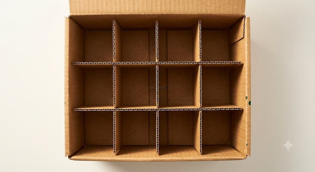 Studio rendering looking into a box fitted with a twelve-cell corrugated divider
