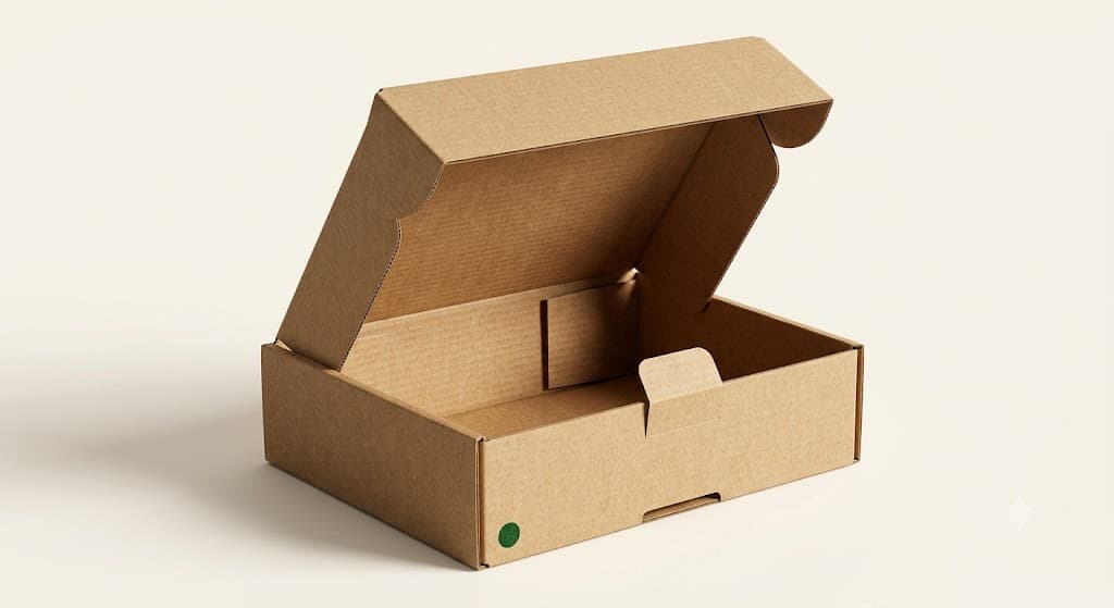 Studio rendering of a mailer-style box with its hinged lid half open