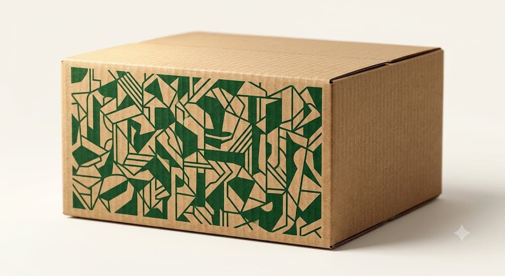 Studio rendering of a kraft box printed with a one-colour green geometric pattern