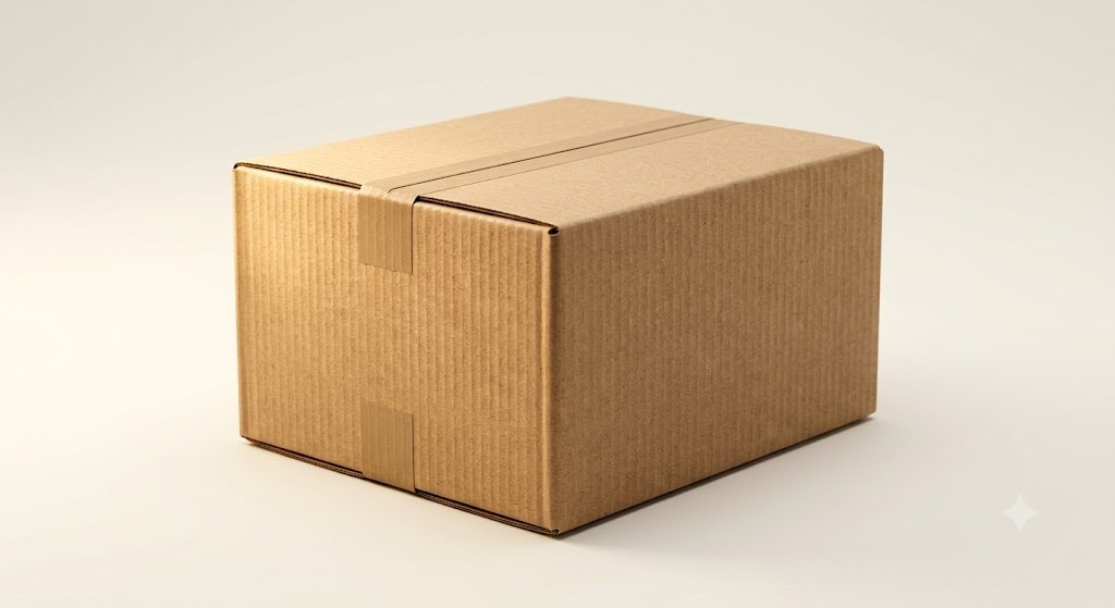Studio rendering of a closed regular slotted carton in plain kraft board