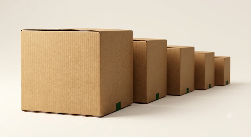 Studio rendering of five kraft shipping boxes in descending custom sizes