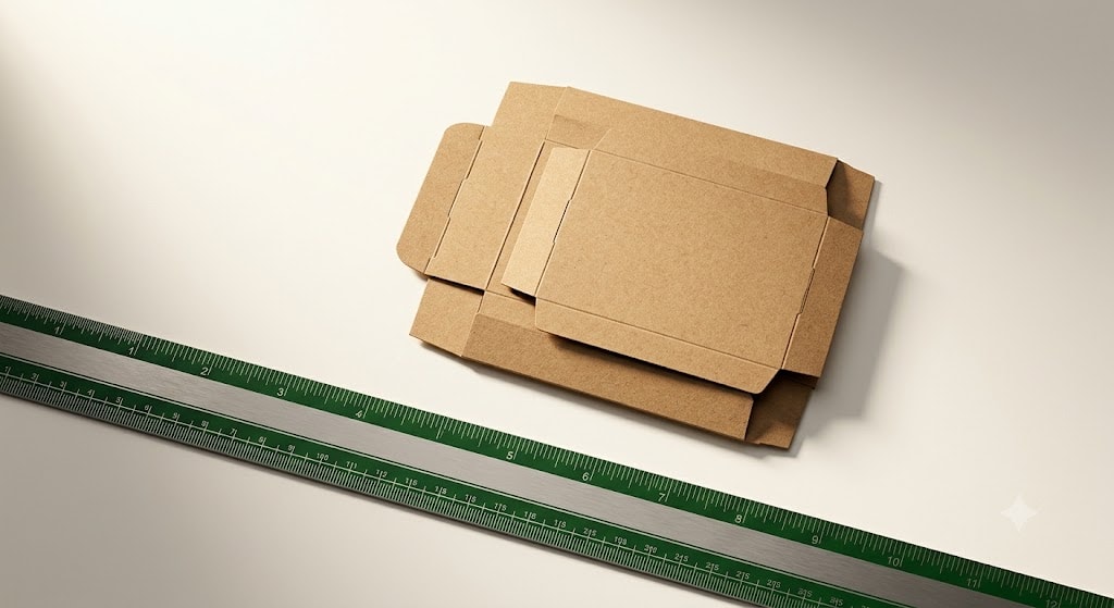Studio rendering of a folded kraft box blank beside a steel rule on a drafting surface
