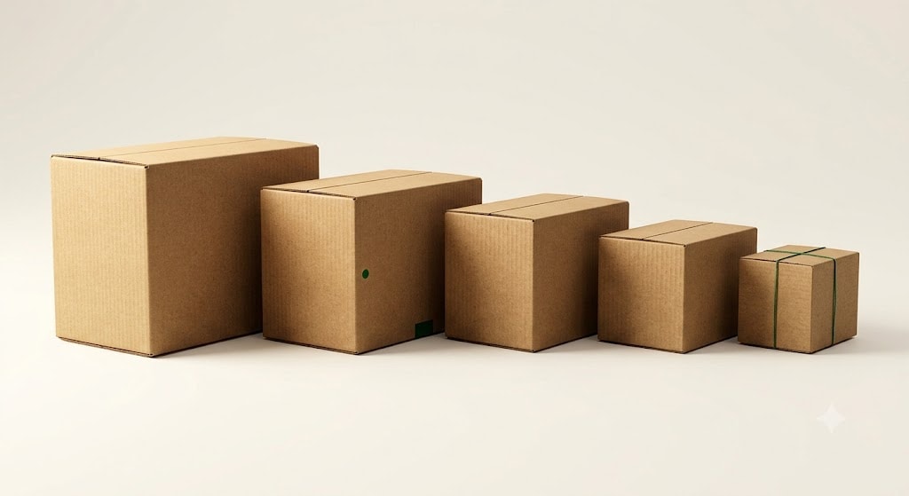 Studio rendering of five plain kraft boxes in descending sizes, aligned in a row