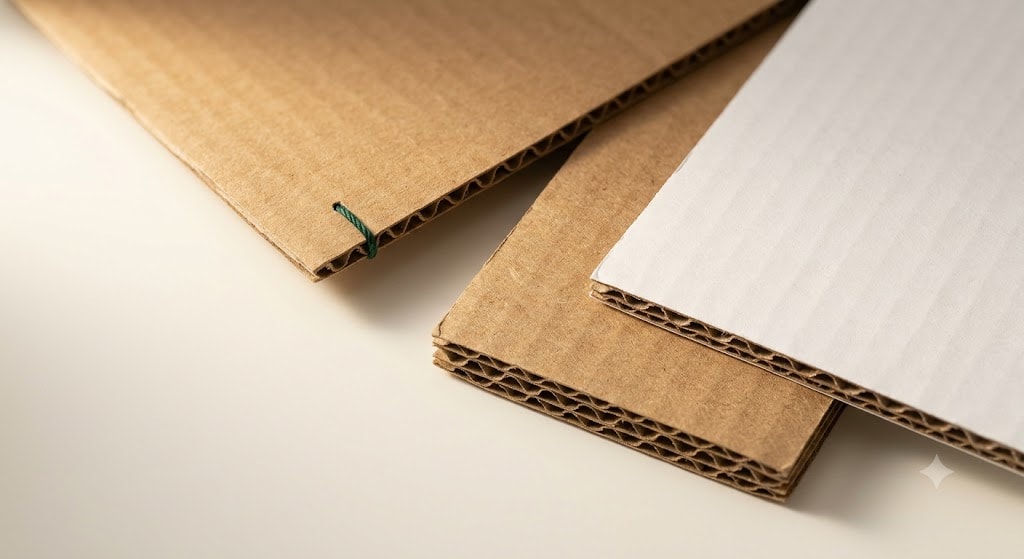 Studio rendering of three corrugated board swatches: single-wall kraft, double-wall kraft, and white-top